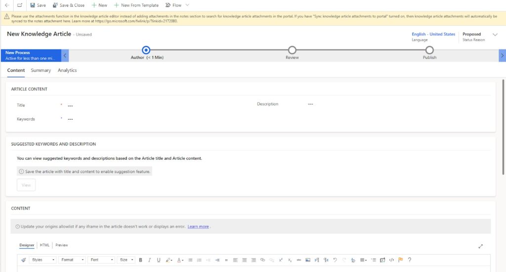 Přidání nového znalostního článku v Dynamics 365