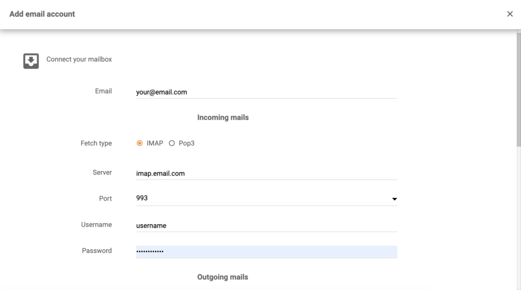 Podrobnosti o službě Dovecot v konfiguraci integrace služby LiveAgent