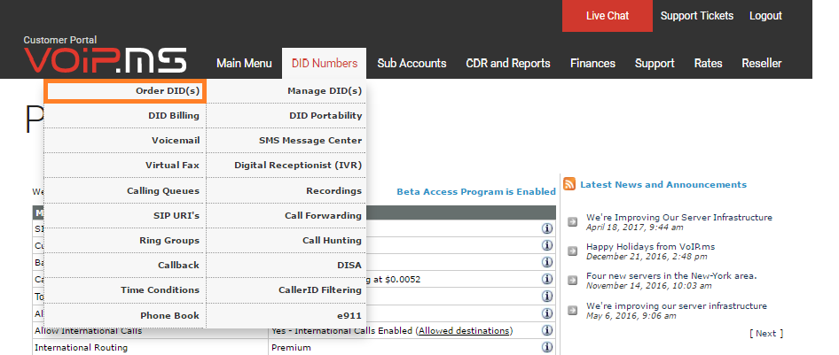 Sekce čísel DID v VoIP.ms