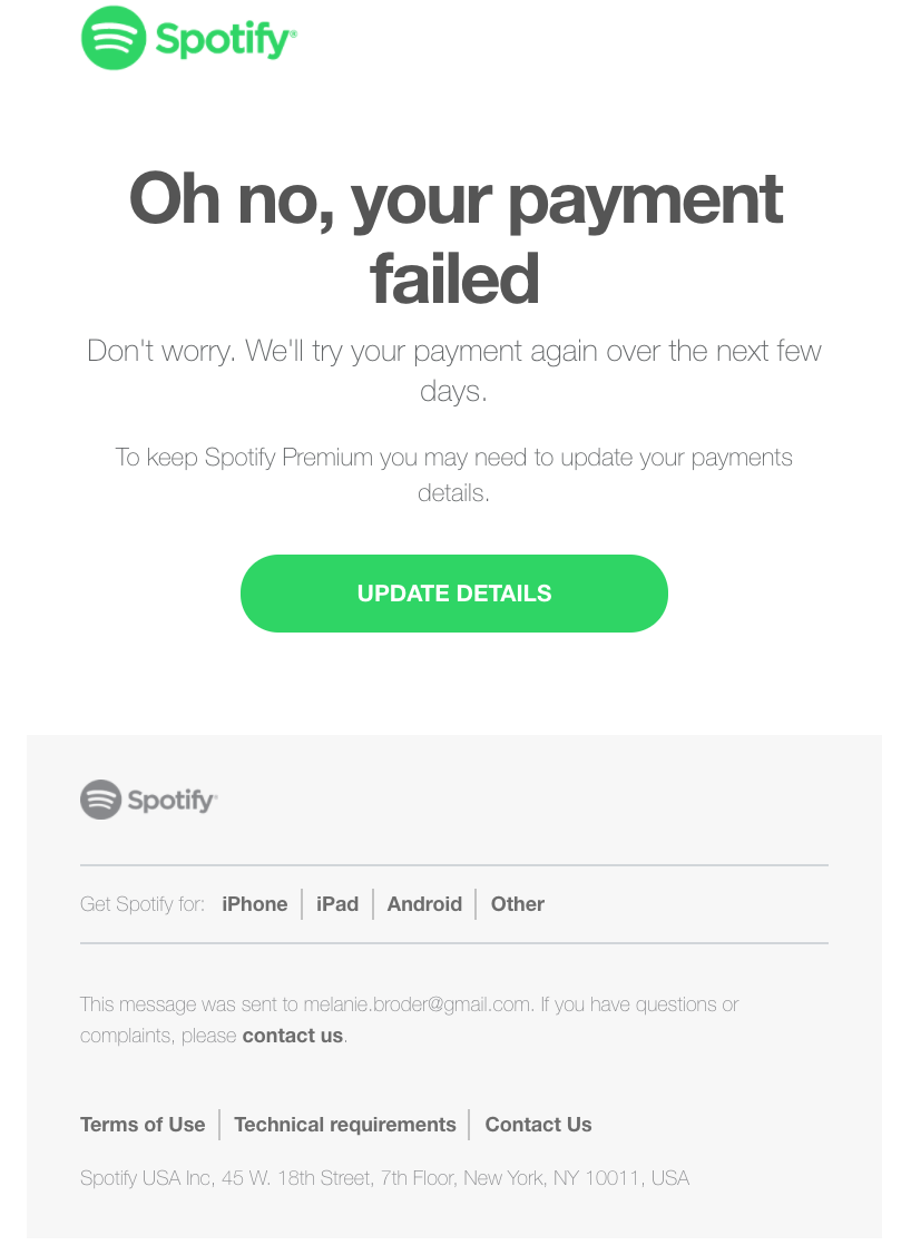 spotify dunning e-mail příklad