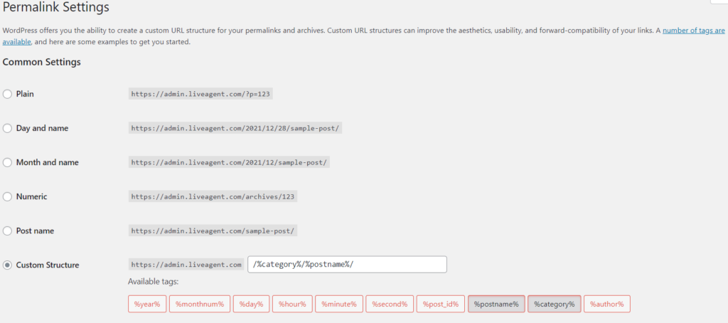 Example of Permalink settings