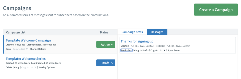 Náhled na AWeber kampaně