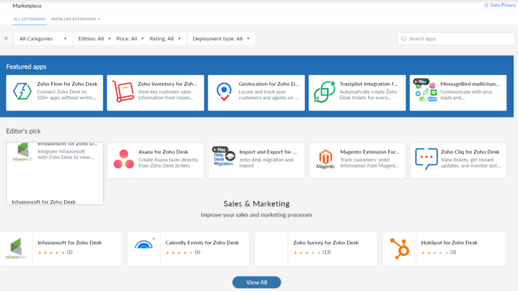 Zoho Desk - tržiště (marketplace)