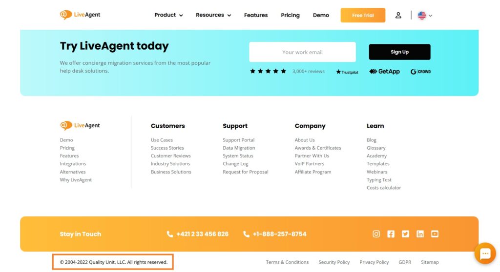 LiveAgent’s website copyright