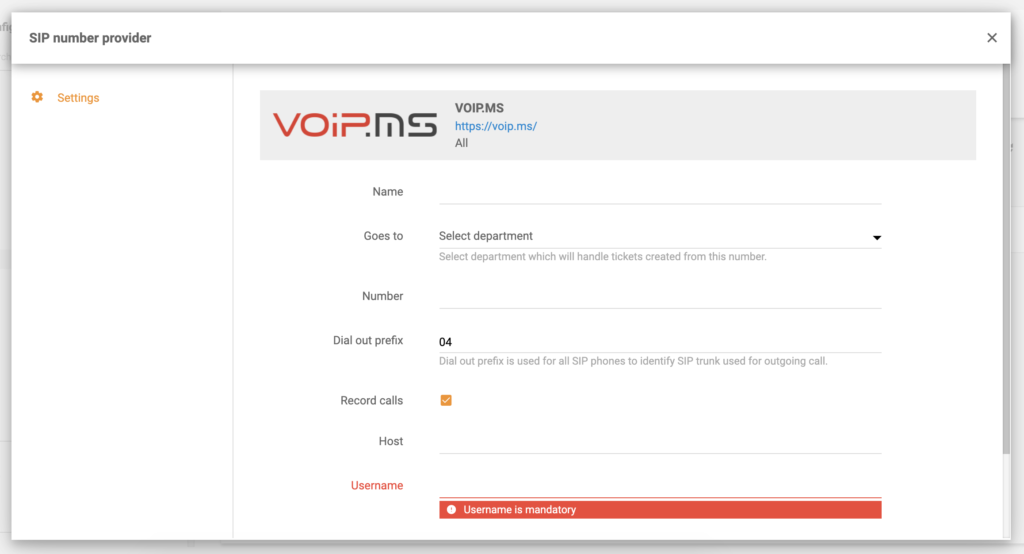 Konfigurace VoIP.ms v nastavení volání LiveAgent