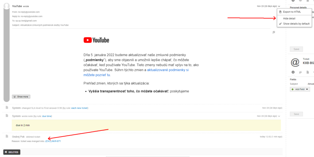 Obrázek zobrazující chybu zdroje e-mailu po sloučení dvou tiketů, což byl problém v předchozích verzích LiveAgent.