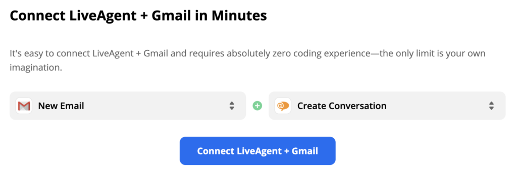 LiveAgent a Gmail se spouštěčem Nový e-mail a akcí Vytvořit konverzaci