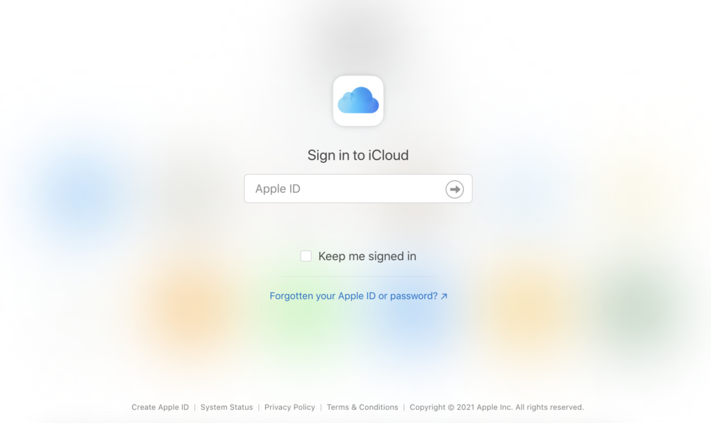iCloud webová stránka s možnostmi přihlášení