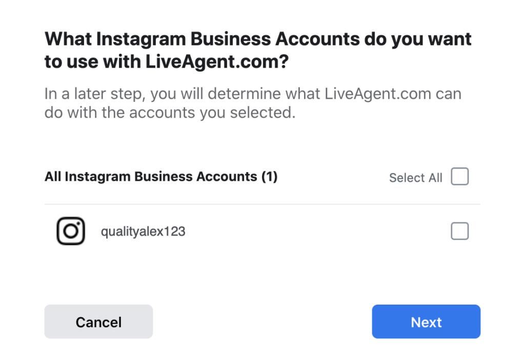 Vyberte účty Instagram, které chcete zahrnout do integrace.