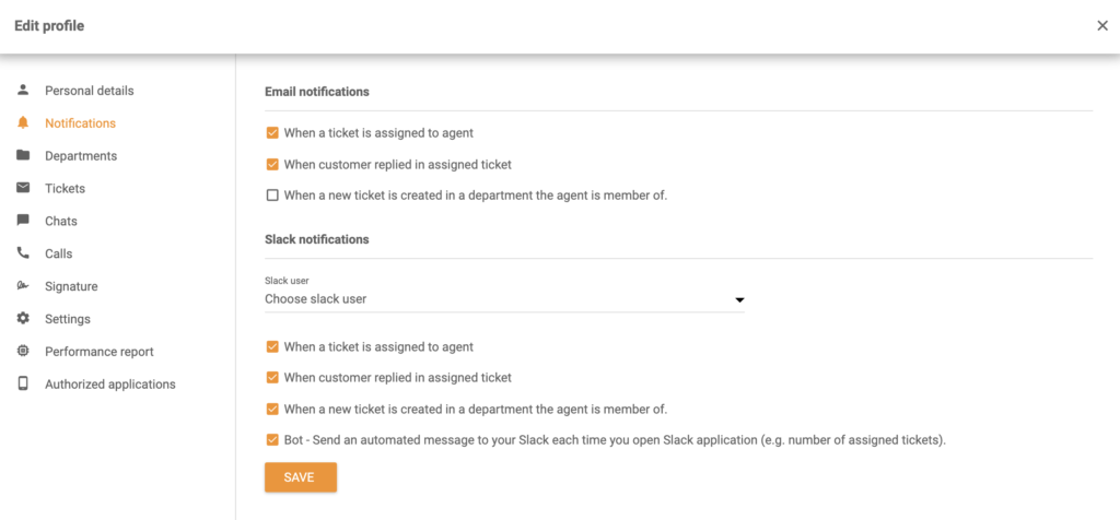 Možnosti oznámení ze Slacku v sekci Upravit profil