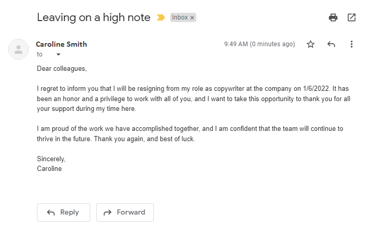 Příklad e-mailu s výpovědí