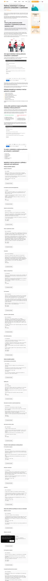 Připravené příklady šablon následných e-mailů po pohovoru pro uchazeče. Vyplňte vlastní údaje a ukažte profesionální přístup při odmítání nebo schvalování uchazečů o zaměstnání.