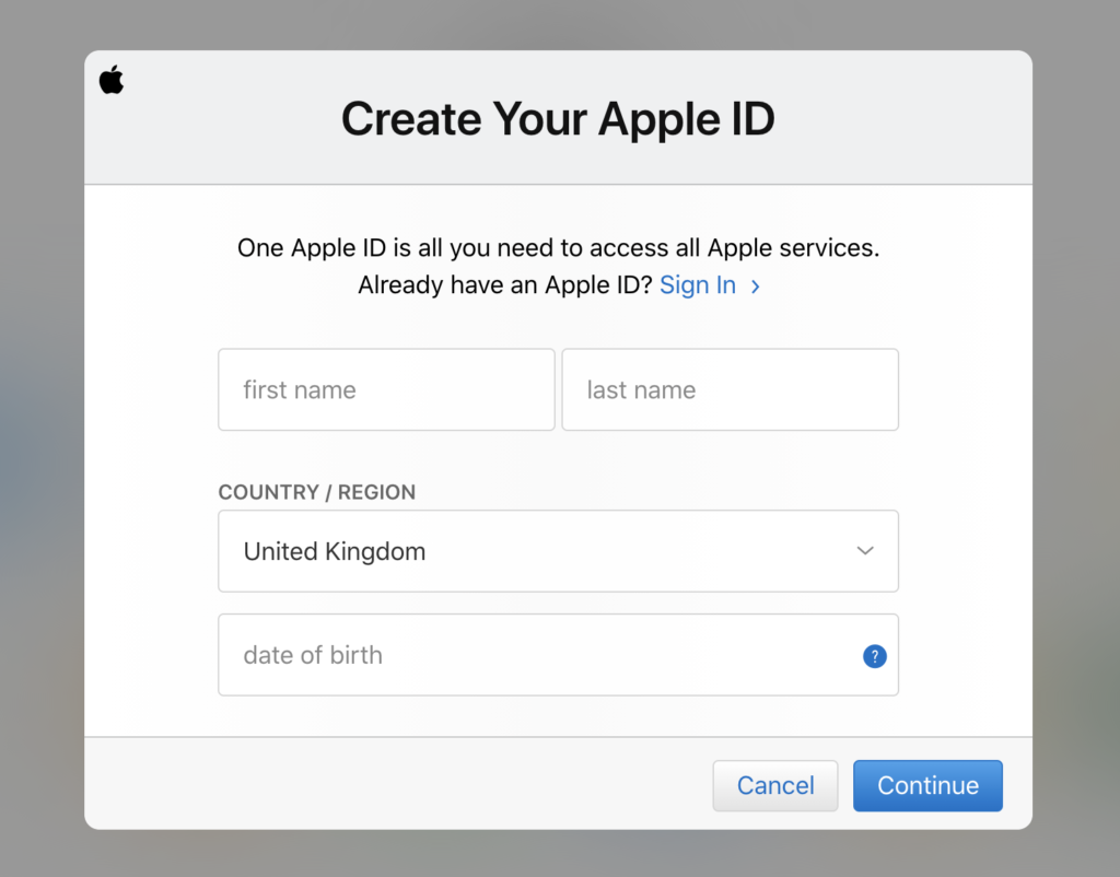 iCloud účet registrační formulář