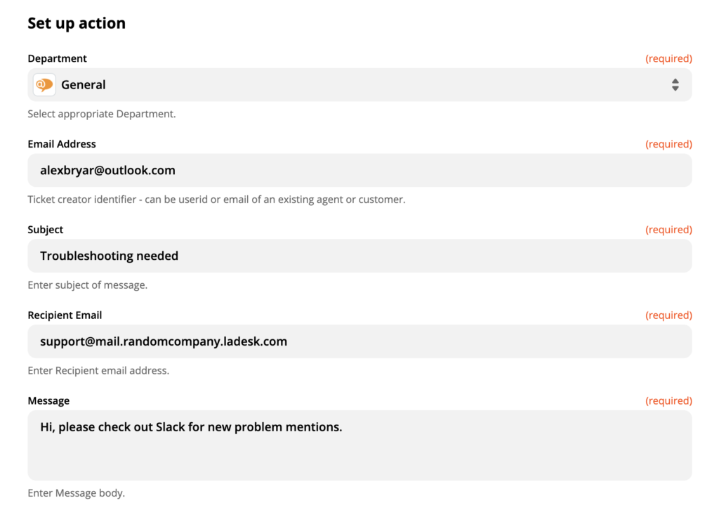 Ukázka nastavení akce LiveAgent v aplikaci Zapier