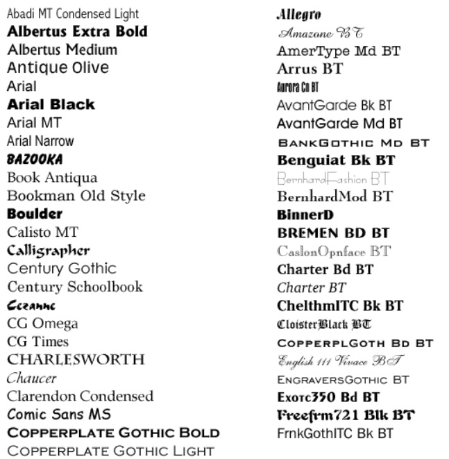  Příklad písem/fontů v aplikaci MS Word