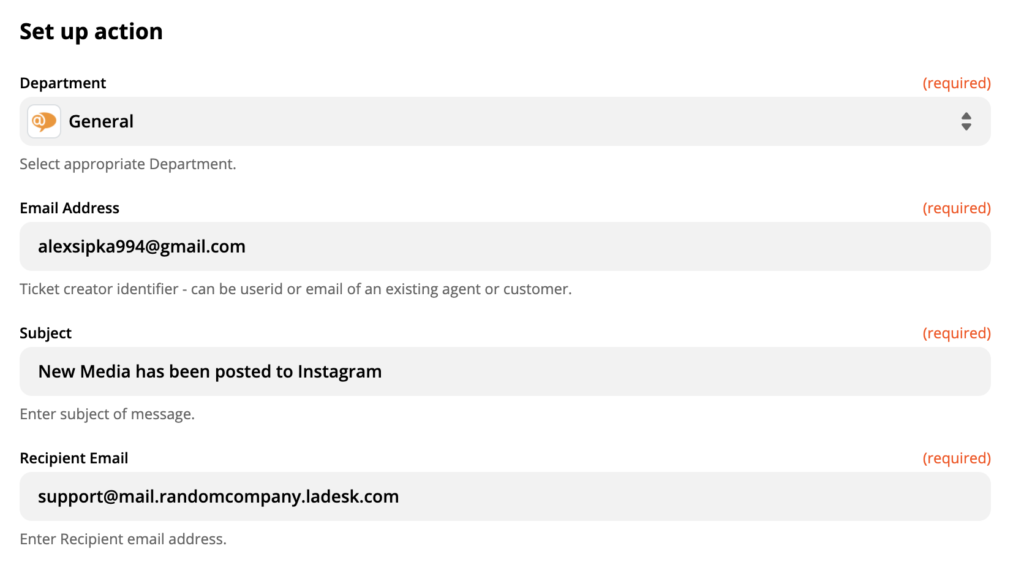 Nastavení LiveAgent akce v Instagram integraci na Zapier