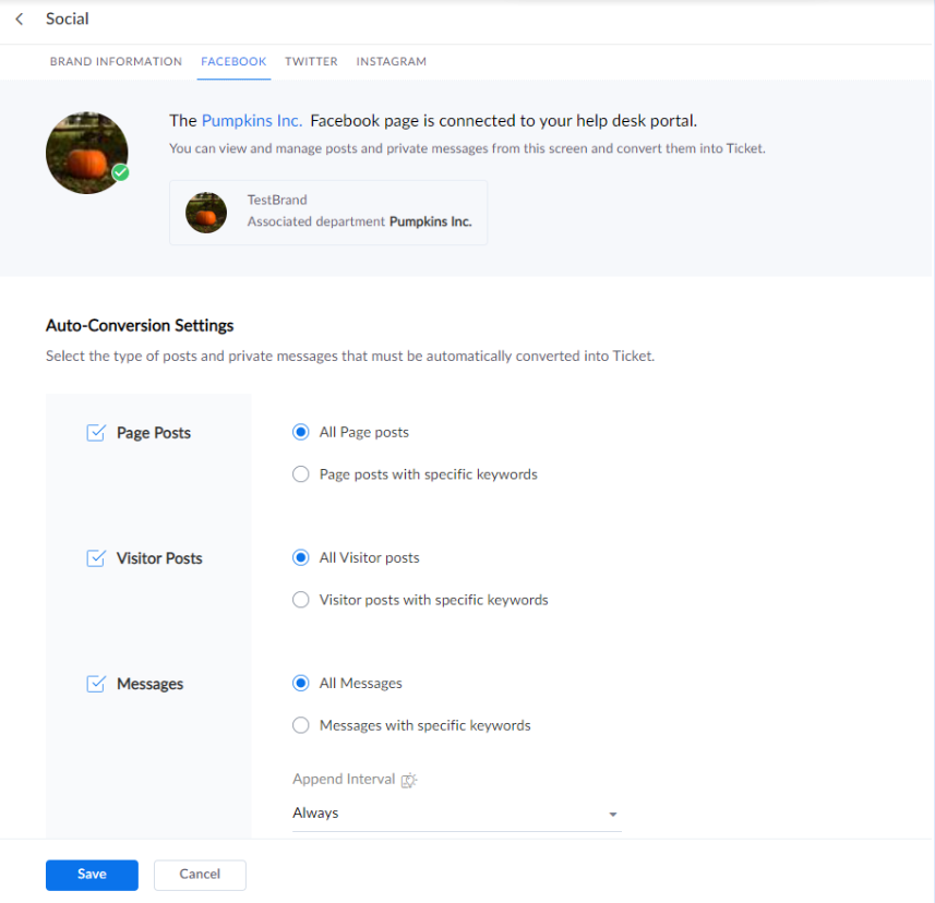 Zoho Desk - stránka na Facebooku úspěšně připojena