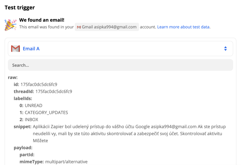 Příklad testu spouštěče Gmail