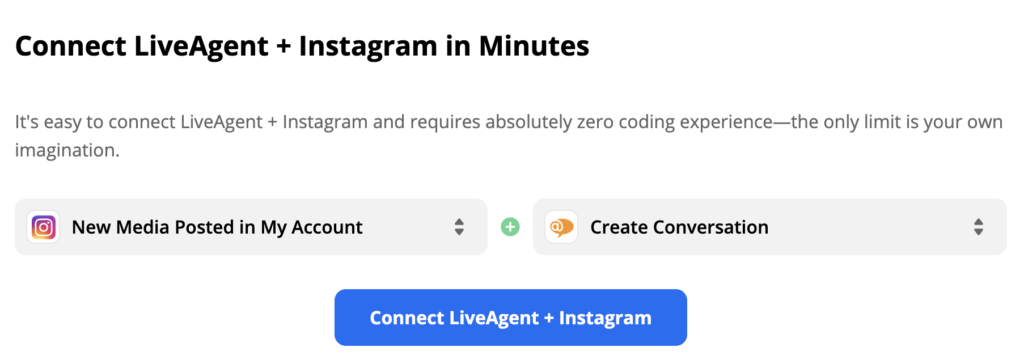 Vybraný spouštěč Instagram a LiveAgent akce
