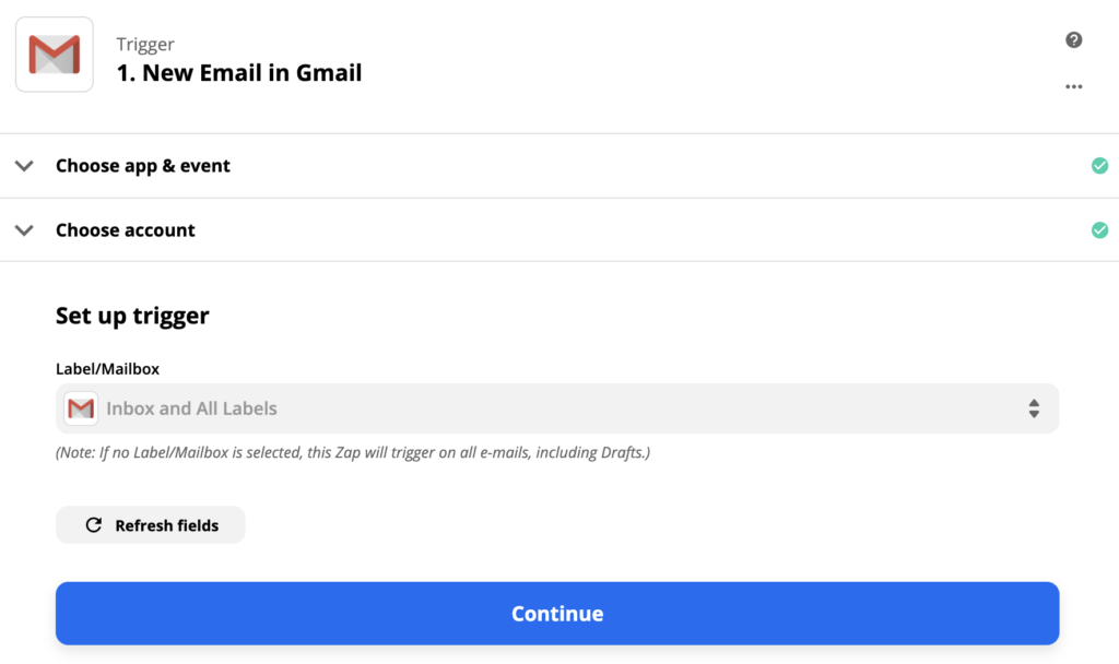 Konfigurace spouštěče Gmail ve službě Zapier