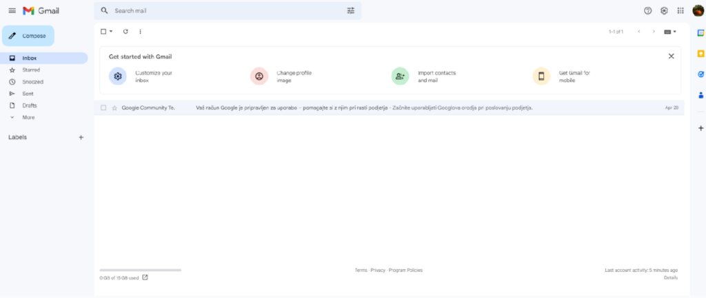 Gmail - standardní rozvržení doručené pošty