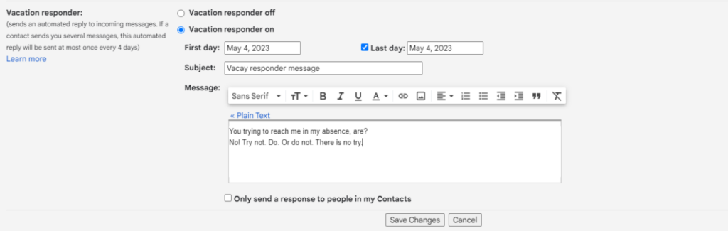 Gmail - odpovídač na dovolenou