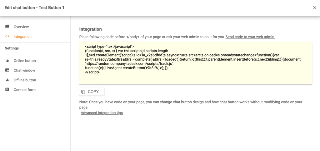 Kód tlačítka chatu vygenerovaný v aplikaci LiveAgent 