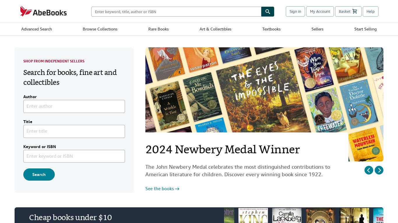 The given text on AbeBooks features different books categorized under various themes. It includes lists of African American authors, epic and history books, and trailblazing environmental books. Furthermore, the site also offers a range of cheap, used, and rare books available for purchase. The Newbery Medal winners are listed, and independent sellers offer rare books, first editions, and signed copies. Lastly, the text provides a glimpse into notable books in various genres, such as Jane Austen's works and cult books.