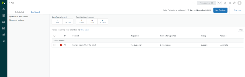 Přehled ovládacího panelu Zendesk Suite