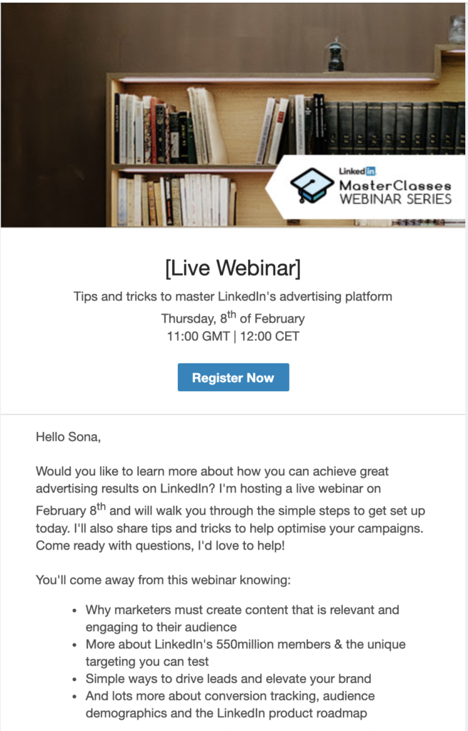 Šablona e-mailu s náhledem na webinář LinkedIn