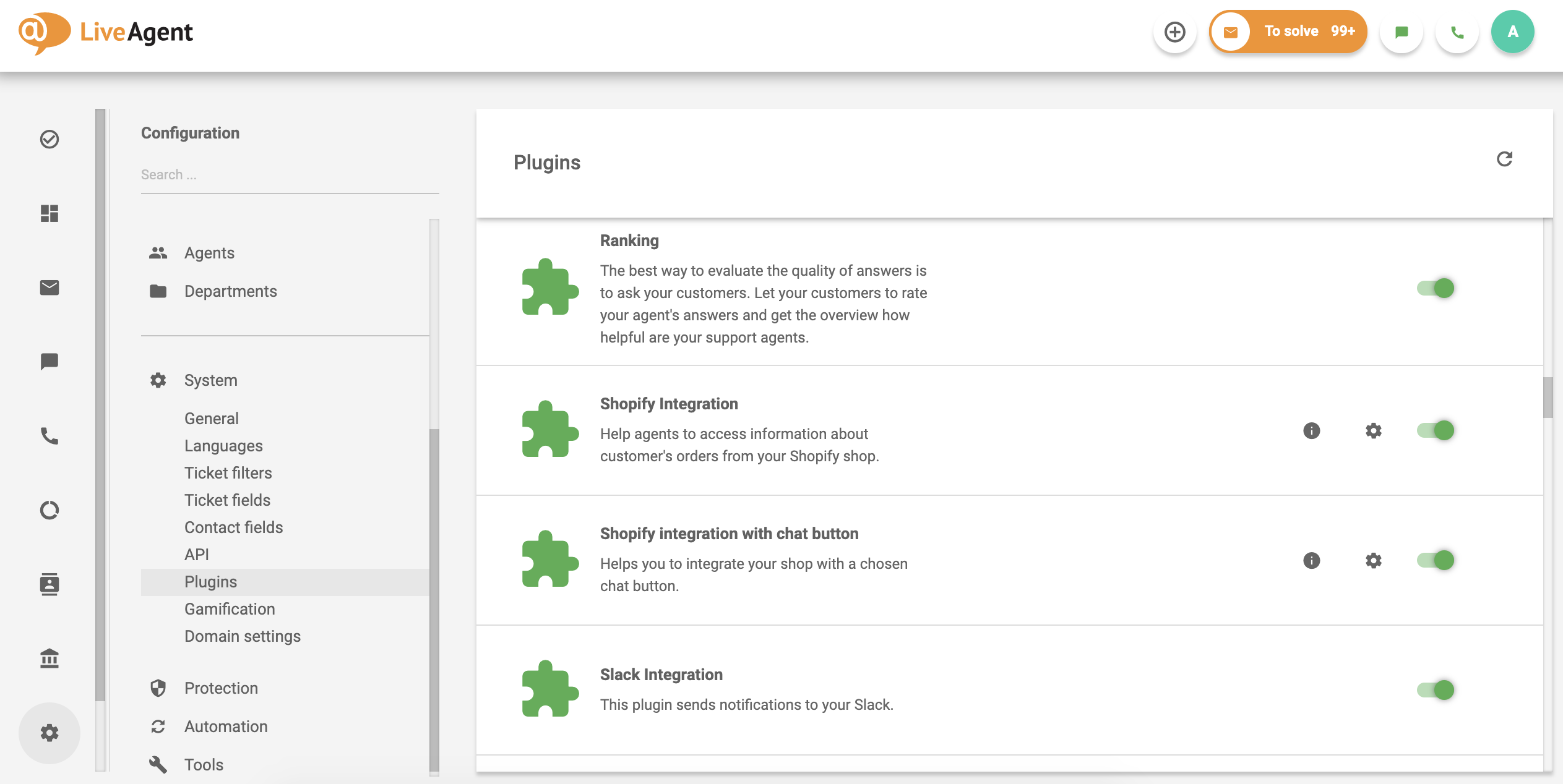 Seznam pluginů v softwaru pro služby zákazníkům LiveAgent
