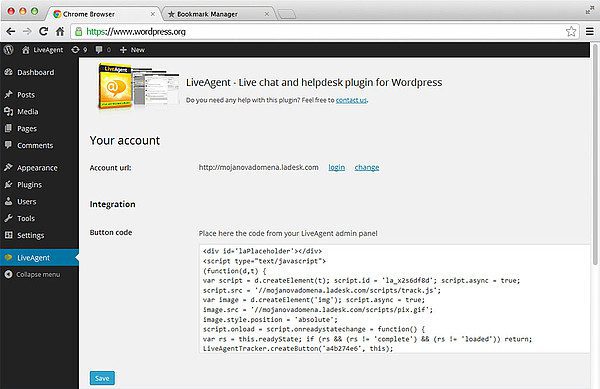 LiveAgent WordPress integrační kód