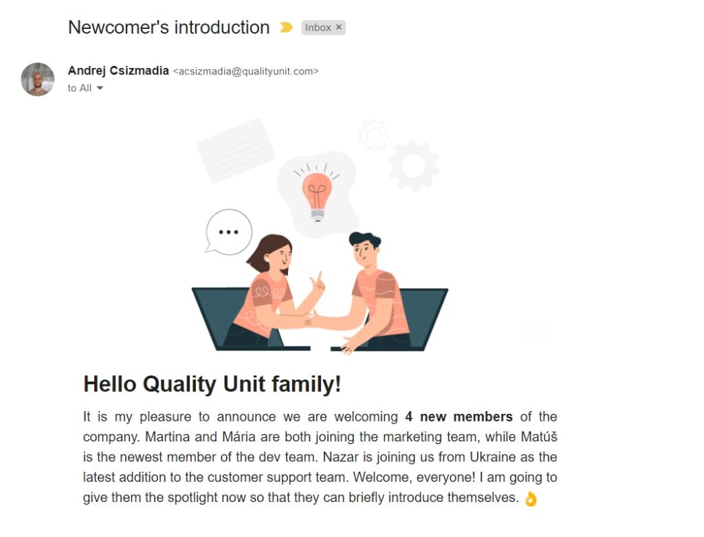 Úvodní e-mail nově příchozího pracovníka Quality Unit