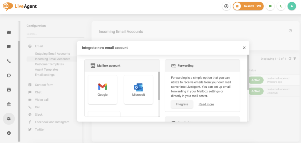 LiveAgent integrate new email accounts