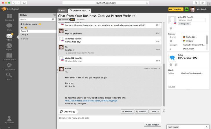 odeslaný e-mail LiveAgent